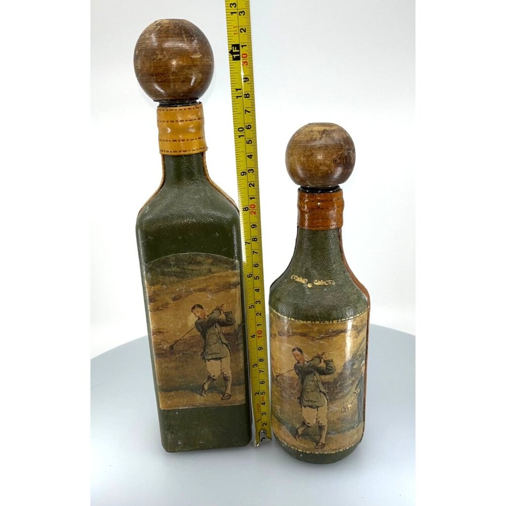 (2) VTG Fausto Corduri Italian Leather Wrapped Decanters with Wood Stopper